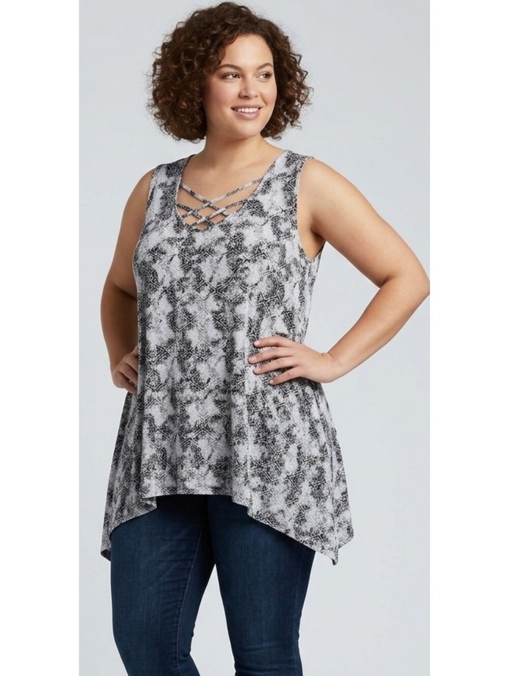 Woman's Plus Size Bohemian Geometric Medallion Print Asymmetrical Tunic Top